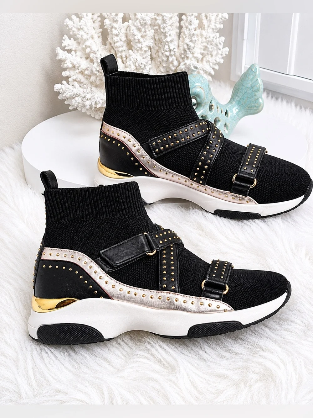 CARVELA Black Kurt Geiger Listen High Top Sock Trainers Studded Buckle Strap 8